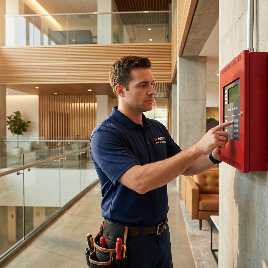 Fire alarm control panel with NFPA 72 inspection report from FireAlarmTestingPro